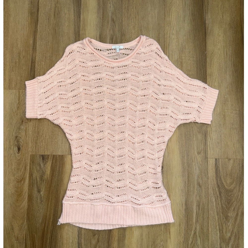 Vtg y2k Pink Pointelle Knit Dolman Short Sleeve Sweater Top XL Boho Resort beach